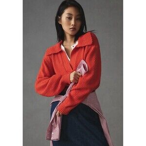 ANTHROPOLOGIE Maeve V-Neck Polo Sweater Orange Size Large MSRP $118